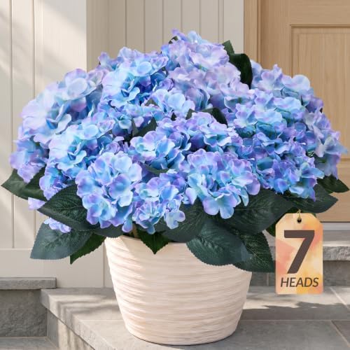 Upgraded 7-Head Blue Hydrangea Artificial Flowers, UV Resistant, 4PCS