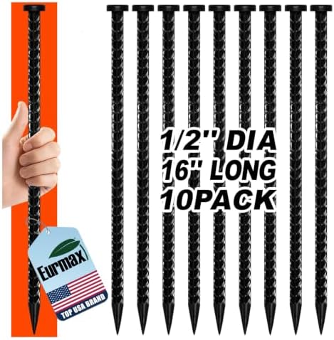 USA 10-Pack 16 Inch Rust-Proof Steel Canopy Anchors for High Winds, 1/2 Inch Galvanized Rebar Stakes Heavy Duty