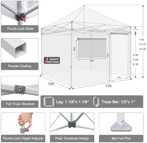 USA 10x10 Pop Up Canopy Tent, Commercial Tent with Patented No-Tip Rolling Bag,4 Zippered Removable Walls, UV &, alternate