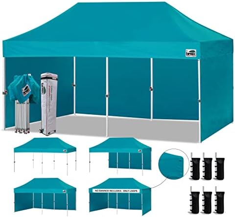 USA 10x20 Pop Up Canopy Tent, Commercial Tent with Patented No-Tip Rolling Bag,4 Zippered Removable Walls, UV &