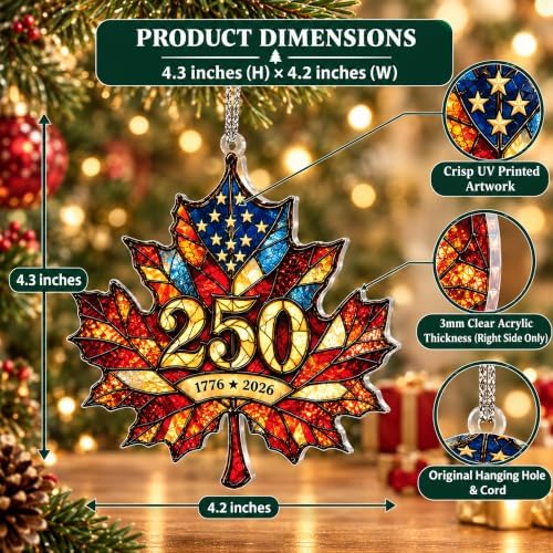 USA 250th Anniversary Ornament - Patriotic Maple Leaf Ornament 1776-2026 - America 250 Christmas Decor, alternate view 4