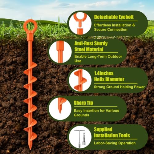 USA 4-Pack Screw in Ground Anchors, Detachable Spiral Tent Stakes, Heavy Duty Rust Proof Metal Trampoline, alternate view 4