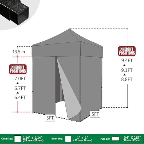 USA 5x5 Pop Up Canopy Tent, Commercial Tent with Patented No-Tip Rolling Bag,4 Zippered Removable Walls, UV &, alternate view