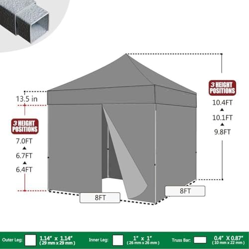 USA 8x8 Pop Up Canopy Tent, Commercial Tent with Patented No-Tip Rolling Bag,4 Zippered Removable Walls, UV &, alternate view