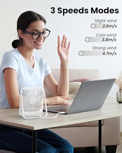USB Desk Fan, Strong Wind Ultra Quiet Small Mini Fan, White in White, alternate view 7