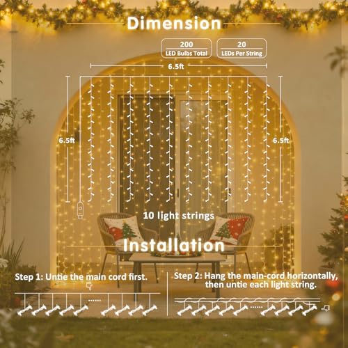 USB Plug in Curtain Lights 200 LED with 8 Modes, 6.5ftx6.5ft, alternate view 4