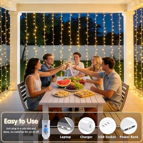 USB Plug in Curtain Lights 200 LED with 8 Modes, 6.5ftx6.5ft, alternate view 5