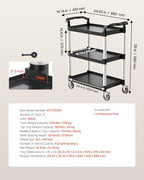 Utility Cart, 300 lbs Load Capacity, 3-Tier Utility Plastic Cart with 360° Swivel Wheels (2 with Brakes), 24.4 x, alternate