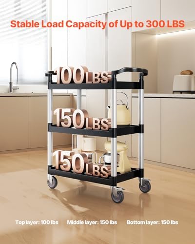 Utility Cart, 300 lbs Load Capacity, 3-Tier Utility Plastic Cart with 360° Swivel Wheels (2 with Brakes), 24.4 x, alternate