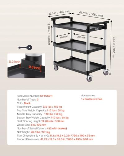Utility Cart, 330 lbs Load Capacity, 3-Tier Utility Plastic Cart with 360° Swivel Wheels (2 with Brakes), 31.1 x, alternate