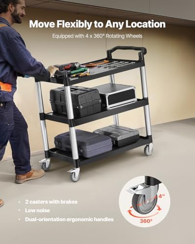 Utility Cart, 330 lbs Load Capacity, 3-Tier Utility Plastic Cart with 360° Swivel Wheels (2 with Brakes), 31.1 x, alternate