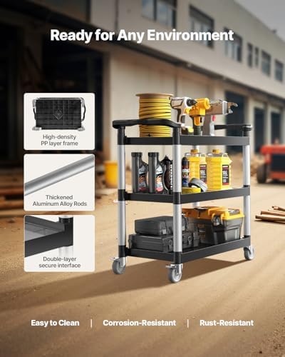 Utility Cart, 330 lbs Load Capacity, 3-Tier Utility Plastic Cart with 360° Swivel Wheels (2 with Brakes), 31.1 x, alternate