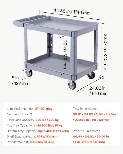 Utility Cart, 550 lbs Capacity, 2 Tier Service Cart with 360° Swivel & Fixed Wheels (2 with Brakes), Heavy Duty, alternate