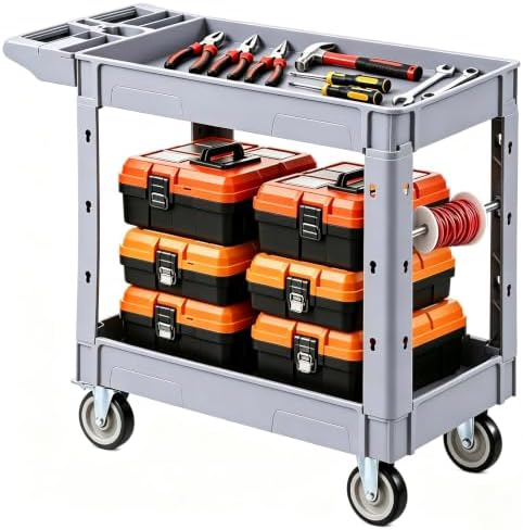 Utility Cart, 550 lbs Capacity, 2 Tier Service Cart with 360° Swivel & Fixed Wheels (2 with Brakes), Heavy Duty