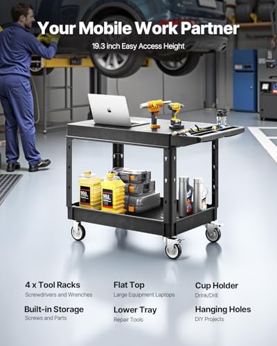 Utility Cart, 550 lbs Load Capacity, 37 x 25.4-inch Service Cart, Two-Shelf Heavy Duty Plastic Utility Cart with, alternate