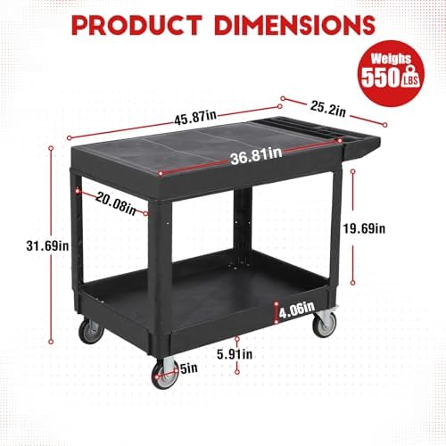 Utility Cart Flat Top, 550 LBS Heavy Duty Plastic Rolling Utility Service Cart with 360°Swivel Wheels (2 with, alternate view
