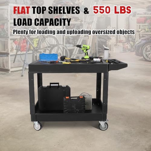 Utility Cart Flat Top, 550 LBS Heavy Duty Plastic Rolling Utility Service Cart with 360°Swivel Wheels (2 with, alternate view