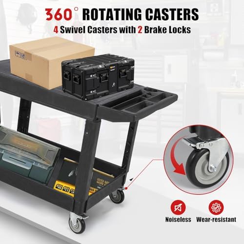 Utility Cart Flat Top, 550 LBS Heavy Duty Plastic Rolling Utility Service Cart with 360°Swivel Wheels (2 with, alternate view