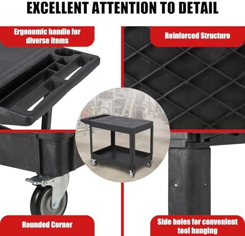 Utility Cart Flat Top, 550 LBS Heavy Duty Plastic Rolling Utility Service Cart with 360°Swivel Wheels (2 with, alternate view
