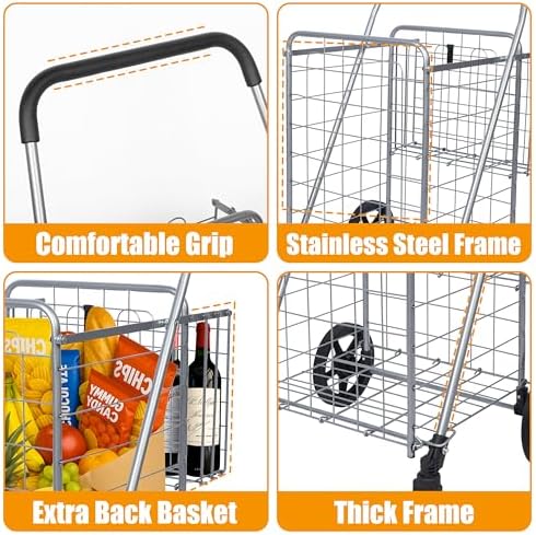 Utility Folding Shopping Cart, 115L Heavy Duty Grocery Cart with Double Basket, 360° Swivel Wheels, Foldable, alternate view