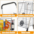 Utility Folding Shopping Cart, 115L Heavy Duty Grocery Cart with Double Basket, 360° Swivel Wheels, Foldable, alternate view