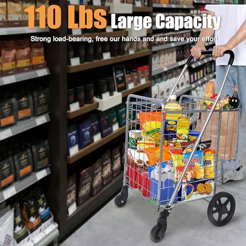 Utility Folding Shopping Cart, 115L Heavy Duty Grocery Cart with Double Basket, 360° Swivel Wheels, Foldable, alternate view