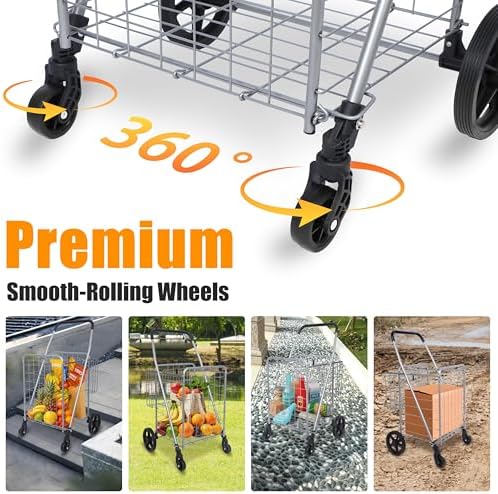 Utility Folding Shopping Cart, 115L Heavy Duty Grocery Cart with Double Basket, 360° Swivel Wheels, Foldable, alternate view