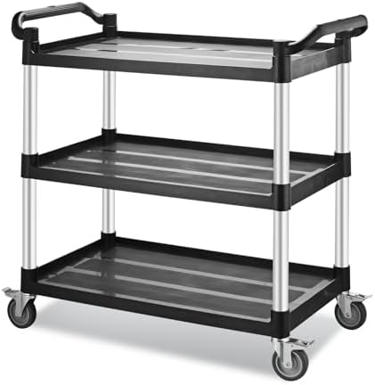 Utility Rolling Carts with Wheels, Large Plastic Service Carts, Heavy Duty Restaurant Cart with 4 Brake Lockable