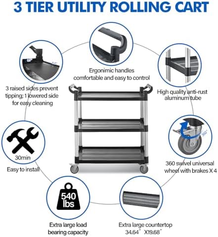 Utility Rolling Carts with Wheels, Large Plastic Service Carts, Heavy Duty Restaurant Cart with 4 Brake Lockable, alternate