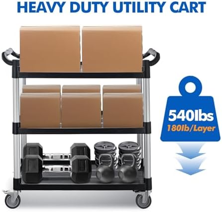 Utility Rolling Carts with Wheels, Large Plastic Service Carts, Heavy Duty Restaurant Cart with 4 Brake Lockable, alternate
