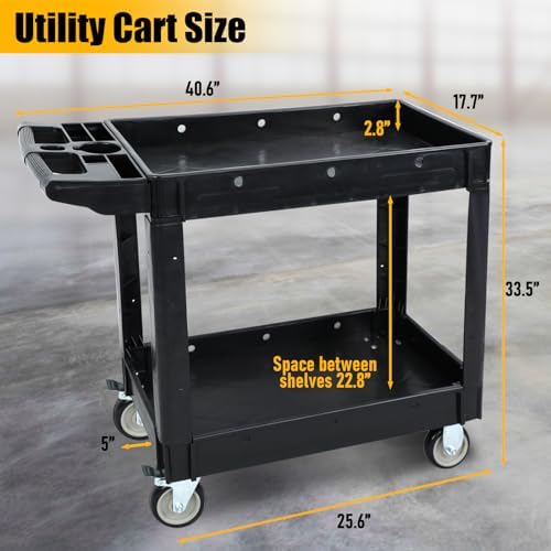 Utility Rolling Tool Cart, 40 x 17-Inch Plastic Rolling Carts Huge Storage W/Deep 2-Shelf Heavy Duty Service, alternate view