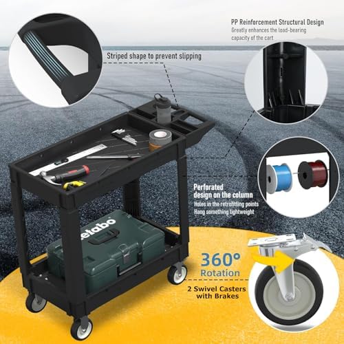 Utility Rolling Tool Cart, 40 x 17-Inch Plastic Rolling Carts Huge Storage W/Deep 2-Shelf Heavy Duty Service, alternate view