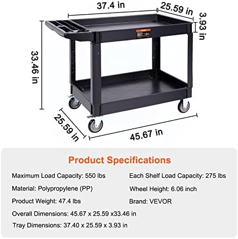 Utility Service Cart 2 Shelf 550 lbs Heavy Duty Plastic Rolling Cart, alternate view 3