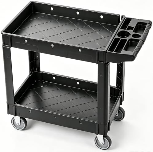 Utility Service Cart, 2 Shelf 550LBS Heavy Duty Plastic Rolling Utility Cart, Medium Lipped Shelf, 360° Swivel