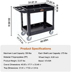 Utility Service Cart, 2 Shelf 550LBS Heavy Duty Plastic Rolling Utility Cart, Medium Lipped Shelf, 360° Swivel, alternate