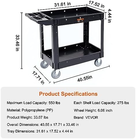 Utility Service Cart, 2 Shelf 550LBS Heavy Duty Plastic Rolling Utility Cart, Medium Lipped Shelf, 360° Swivel, alternate