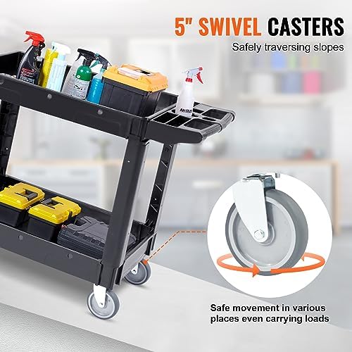 Utility Service Cart, 2 Shelf 550LBS Heavy Duty Plastic Rolling Utility Cart, Medium Lipped Shelf, 360° Swivel, alternate