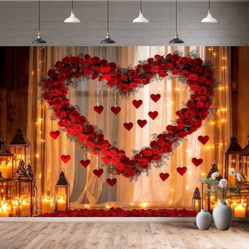 Valentine's Day Backdrop for Photography Red Happy Valentine Party Decorations and Banner for Photoshoot Hearts, alternate