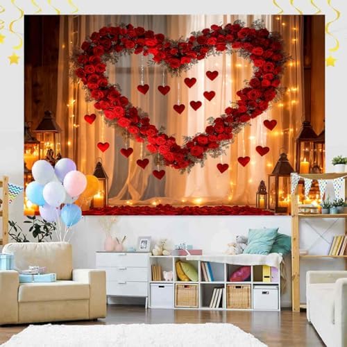 Valentine's Day Backdrop for Photography Red Happy Valentine Party Decorations and Banner for Photoshoot Hearts, alternate