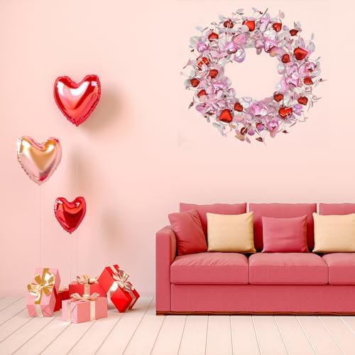 Valentine's Day Wreath for Front Door Valentine Wreath with Pink Eucalyptus Leaves, Pink and red Hearts for, alternate view 6