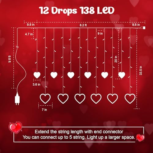 Valentines Day Decor, Red Love Heart String Lights for Bedroom, 12 Hearts 138 LED Fairy Twinkle Lights with, alternate view 5