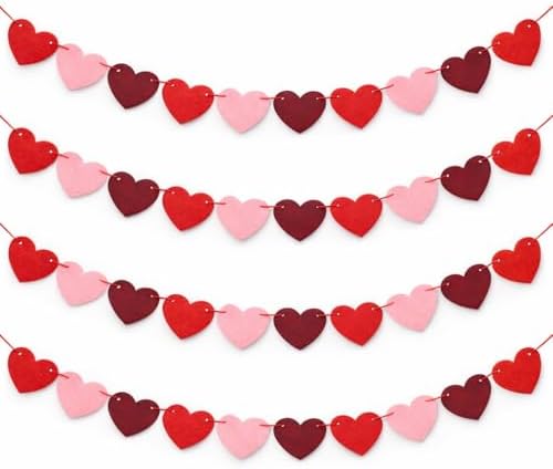 Valentines Day Decorations - Red Felt Heart Garland Hanging String - Ready-to-Use Romantic Valentines Day Decor
