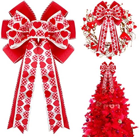 Valentines Day Tree Decorations, Valentine Tree Topper Bow with Red and Pink Heart for Valentines Day Wreath
