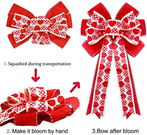 Valentines Day Tree Decorations, Valentine Tree Topper Bow with Red and Pink Heart for Valentines Day Wreath, alternate view