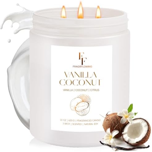 Vanilla Coconut Large Scented Candle, 3-Wick 22oz Long Lasting Scented Candle, Natural Soy Wax Aromatherapy