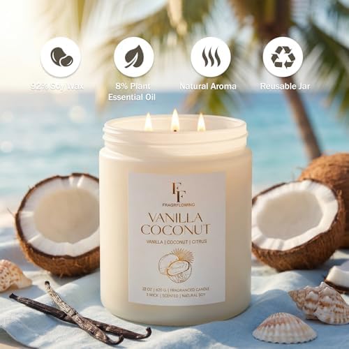 Vanilla Coconut Large Scented Candle, 3-Wick 22oz Long Lasting Scented Candle, Natural Soy Wax Aromatherapy, alternate view 2