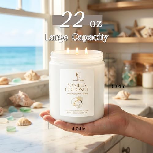 Vanilla Coconut Large Scented Candle, 3-Wick 22oz Long Lasting Scented Candle, Natural Soy Wax Aromatherapy, alternate view 3