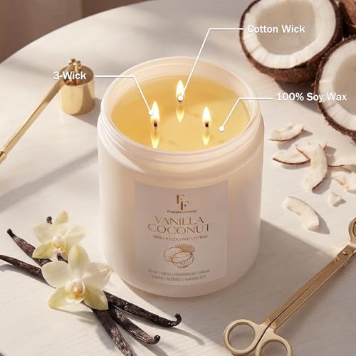 Vanilla Coconut Large Scented Candle, 3-Wick 22oz Long Lasting Scented Candle, Natural Soy Wax Aromatherapy, alternate view 4