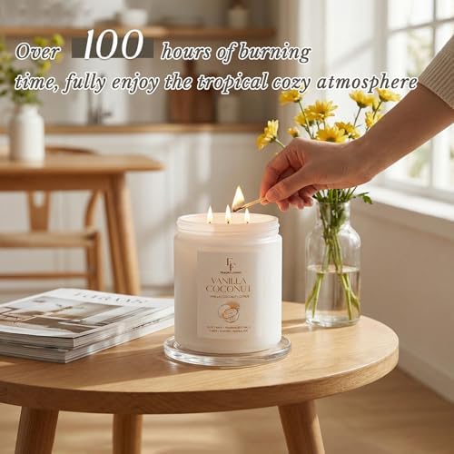 Vanilla Coconut Large Scented Candle, 3-Wick 22oz Long Lasting Scented Candle, Natural Soy Wax Aromatherapy, alternate view 5