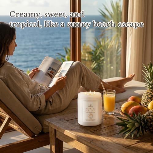Vanilla Coconut Large Scented Candle, 3-Wick 22oz Long Lasting Scented Candle, Natural Soy Wax Aromatherapy, alternate view 6
